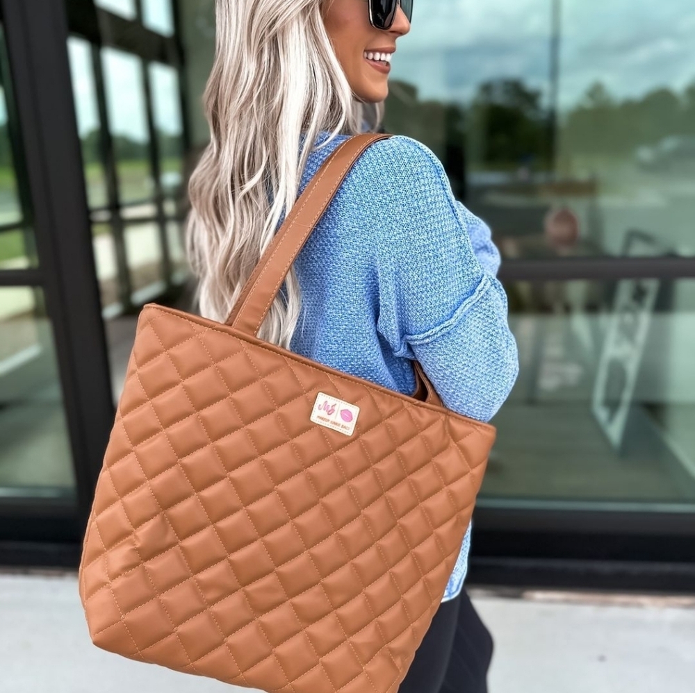 New Makeup Junkie Luxe Quilted Cognac Daykeeper Tote